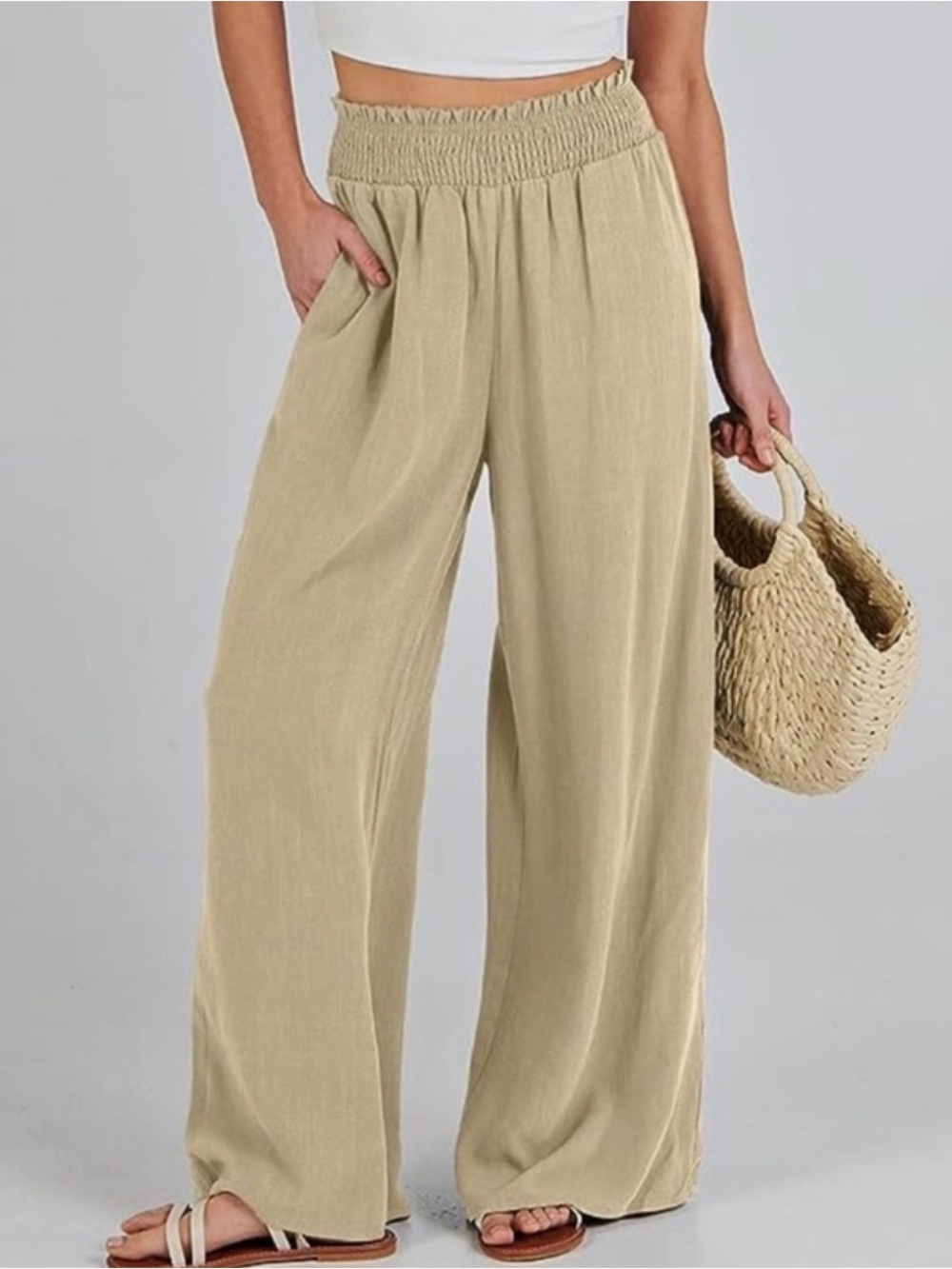 Aakaa Elastic-Smocked Waist Wide-Leg Pants in Beige with pockets!